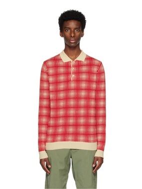 ASPESI Red & Cream Plaid Grid Knit Polo Sweater Linen Blend IT 46 US S/M
